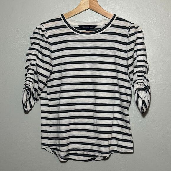 Women's Size XS Veronica Beard Waldorf Stripe Ruched-Sleeve Tee White Multi - Picture 2 of 6